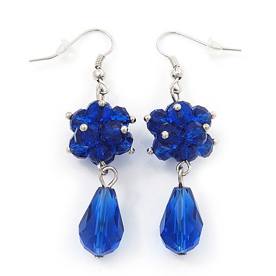 Royal Blue Glass Beaded Drop Earrings In Silver Plating - 5.5cm Length - main view