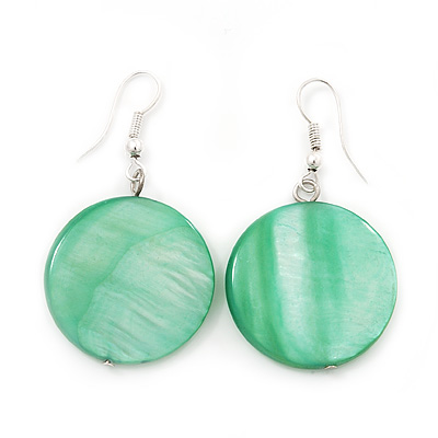 Light Green Shell 'Coin' Drop Earrings In Silver Finish - 4cm Length - main view