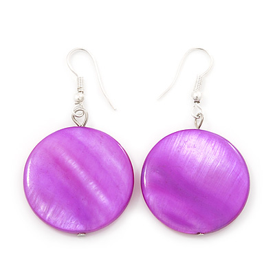 Purple Shell 'Coin' Drop Earrings In Silver Finish - 4cm Length - main view