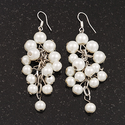 White Faux Pearl Cluster Drop Earrings In Silver Finish - 7cm Length - main view