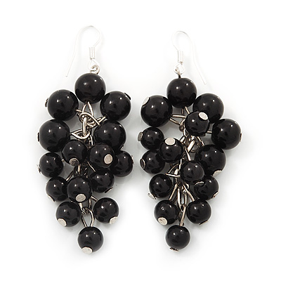 Black Bead Cluster Drop Earrings In Silver Finish - 7cm Length - main view
