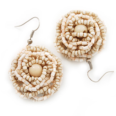 Antique White Glass Bead Dimensional 'Rose' Drop Earrings In Silver Finish - 4.5cm Drop - main view