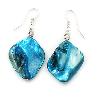 Turquoise Coloured Shell Bead Drop Earrings (Silver Tone) - 4cm Length - main view
