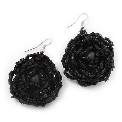 Black Glass Bead Dimensional 'Rose' Drop Earrings In Silver Finish - 4.5cm Drop - main view