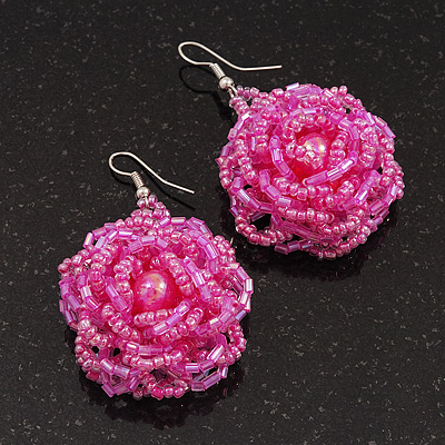 Pink Glass Bead Dimensional 'Rose' Drop Earrings In Silver Finish - 4.5cm Drop - main view