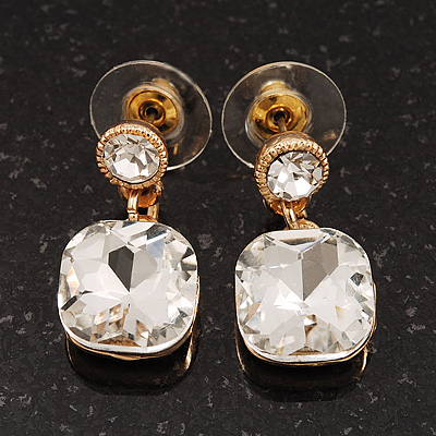 Square Clear Glass Stud Earrings In Gold Finish - 2.5cm Drop - main view
