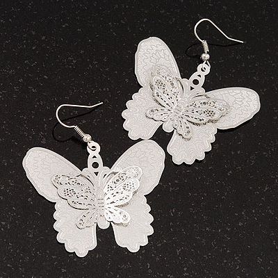 Silver Tone Textured 'Butterfly' Drop Earrings - 5.5cm Length - main view