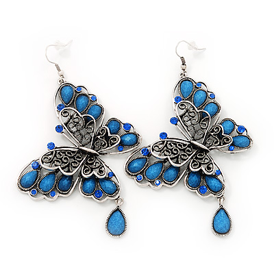 Long Burn Silver Blue Acrylic Bead 'Butterfly' Drop Earrings - 10cm Length - main view