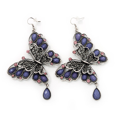 Long Burn Silver Purple Acrylic Bead 'Butterfly' Drop Earrings - 10cm Length - main view