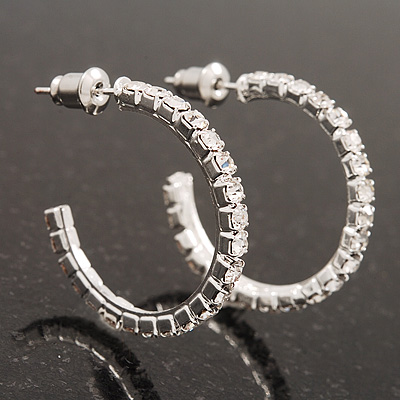 Medium Slim Clear Diamante Hoop Earrings In Silver Plating - 3.5cm Diameter - main view