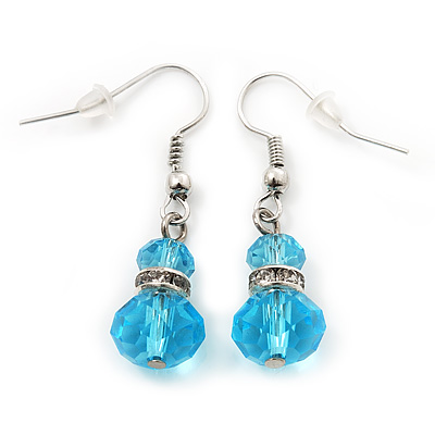 Small Light Blue Glass Bead Drop Earrings In Silver Plating - 3.5cm Length - main view