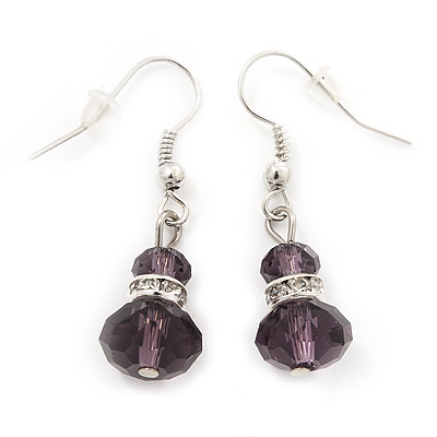 Small Purple Glass Bead Drop Earrings In Silver Plating - 3.5cm Length - main view