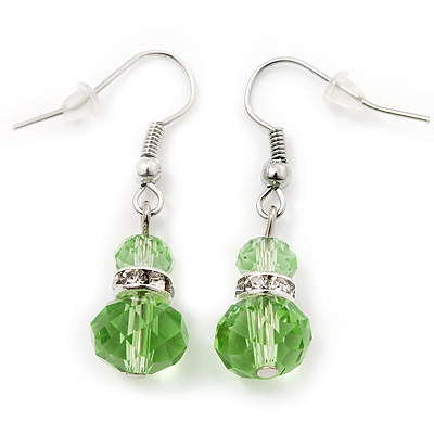 Small Light Green Glass Bead Drop Earrings In Silver Plating - 3.5cm Length - main view