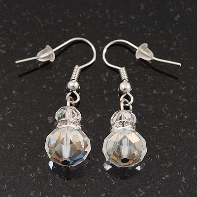Small Transparent White Glass Bead Drop Earrings In Silver Plating - 3.5cm Length - main view