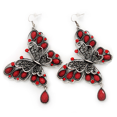 Long Burn Silver Red Acrylic Bead 'Butterfly' Drop Earrings - 10cm Length