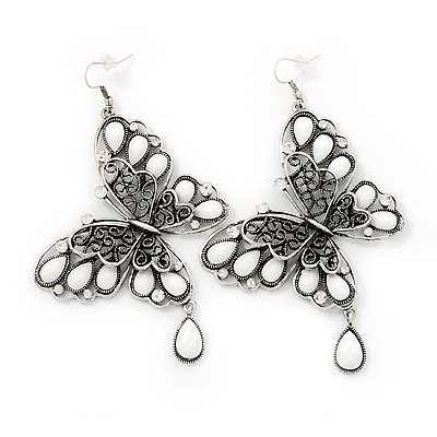 Long Burn Silver White Acrylic Bead 'Butterfly' Drop Earrings - 10cm Length - main view