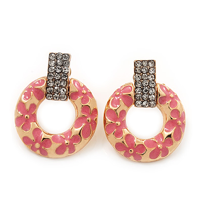 Gold Plated Pink Enamel Diamante 'Circle' Drop Earrings - 2.5cm Length - main view