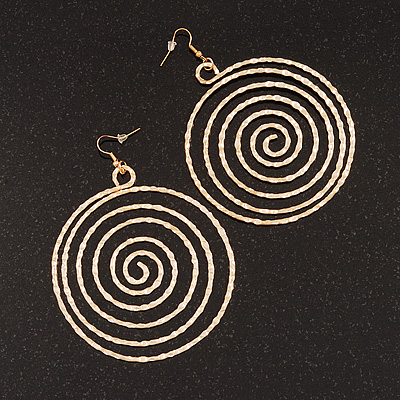Oversized Hammered Spiral Hoop Earrings In Gold Plating - 10cm Length/ 7.5cm Diameter