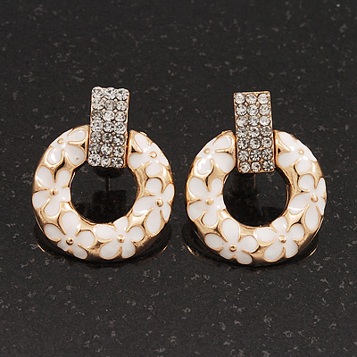 Gold Plated White Enamel Diamante 'Circle' Drop Earrings - 2.5cm Length - main view
