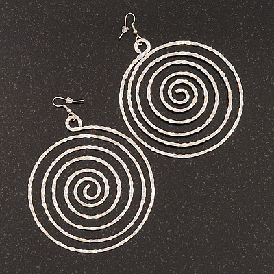 Oversized Hammered Spiral Hoop Earrings In Silver Plating - 10cm Length/ 7.5cm Diameter
