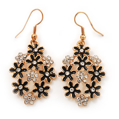 Black Enamel Clear Crystal Floral Drop Earrings In Gold Plating - 5cm Length - main view