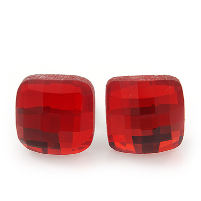 Red Square Glass Stud Earrings In Silver Plating - 10mm Diameter - main view