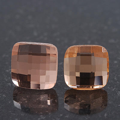 Light Peach Square Glass Stud Earrings In Silver Plating - 10mm Diameter - main view
