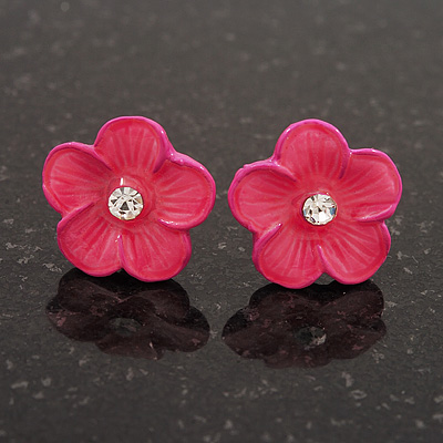 Children's Deep Pink 'Daisy' Stud Earrings With Clear Crystal - 13mm Diameter - main view