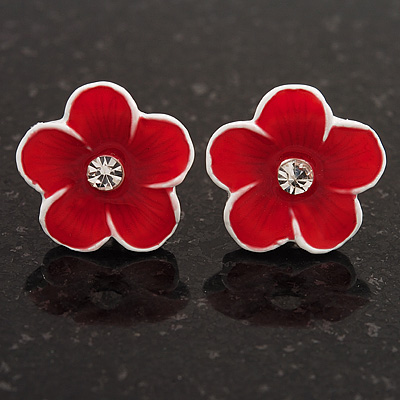 Children's  Red 'Daisy' Stud Earrings With Clear Crystal - 13mm Diameter