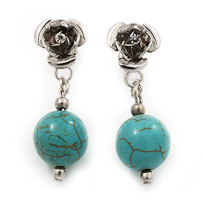 Silver Plated 'Rose' Turquoise Stone Ball Drop Earrings - 3.5cm Length