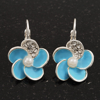 Small Light Blue Enamel Diamante 'Flower' Drop Earrings In Silver Finish - 2.5cm Length - main view
