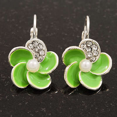 Small Lime Green Enamel Diamante 'Flower' Drop Earrings In Silver Finish - 2.5cm Length - main view