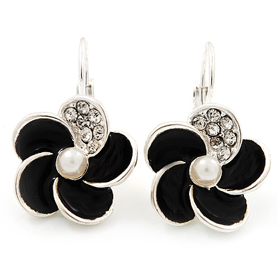 Small Black Enamel Diamante 'Flower' Drop Earrings In Silver Finish - 2.5cm Length - main view