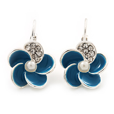 Small Blue Enamel Diamante 'Flower' Drop Earrings In Silver Finish - 2.5cm Length - main view