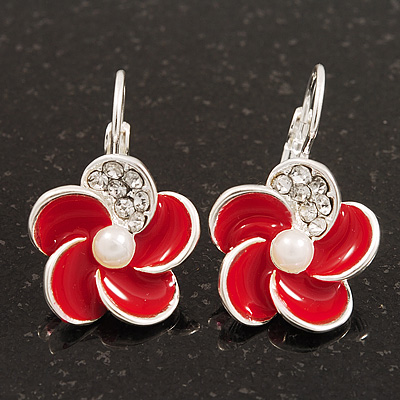 Small Red Enamel Diamante 'Flower' Drop Earrings In Silver Finish - 2.5cm Length - main view