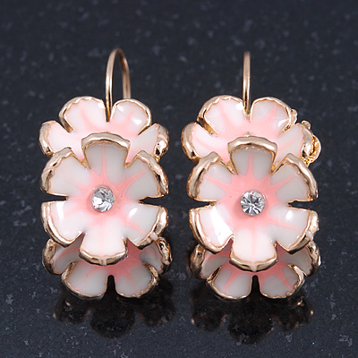 C-Shape White/ Light Pink Enamel 'Floral' Earrings In Gold Plating - 3cm Length - main view