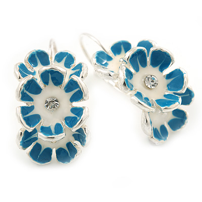 C-Shape White/ Blue Enamel Floral Earrings In Silver Tone With Leverback Closure - 30mm L - main view