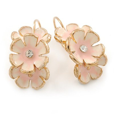 C-Shape Cream/ Light Pink Enamel Floral Earrings In Silver Tone With Leverback Closure - 30mm L - main view