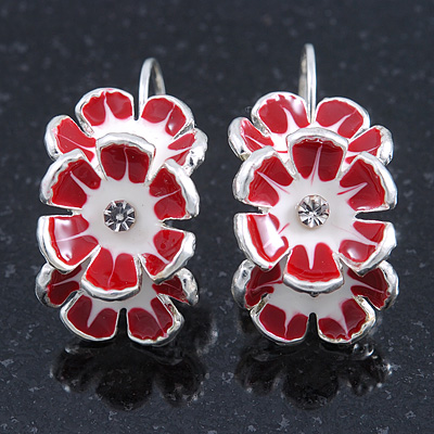 C-Shape White/ Red Enamel Floral Earrings In Silver Tone With Leverback Closure - 30mm L - main view