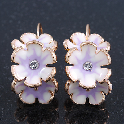 C-Shape White/ Lavender Enamel 'Floral' Earrings In Gold Plating - 3cm Length - main view