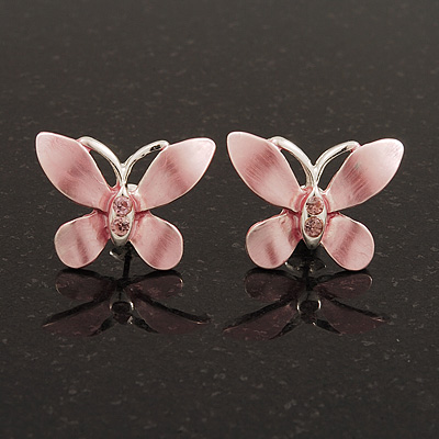 Small Pink Enamel 'Butterfly' Stud Earrings In Silver Plating - 2cm Length