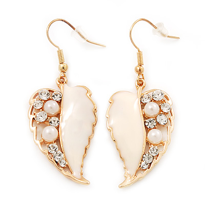 Gold Plated White Enamel Crystal & Simulated Pearl 'Leaf' Drop Earrings - 5cm Length - main view