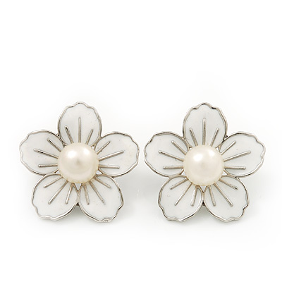 White Enamel Faux Pearl 'Daisy' Stud Earrings In Silver Plating - 3cm Diameter - main view