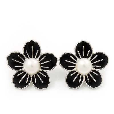 Black Enamel Faux Pearl 'Daisy' Stud Earrings In Silver Plating - 3cm Diameter - main view