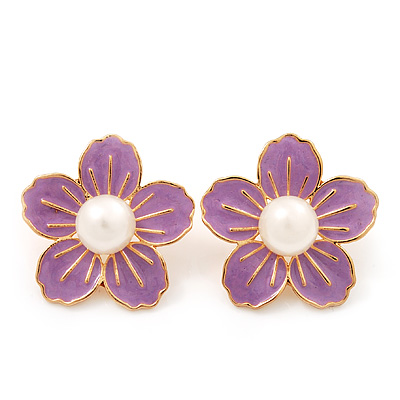 Lilac Enamel Faux Pearl 'Daisy' Stud Earrings In Gold Plating - 3cm Diameter