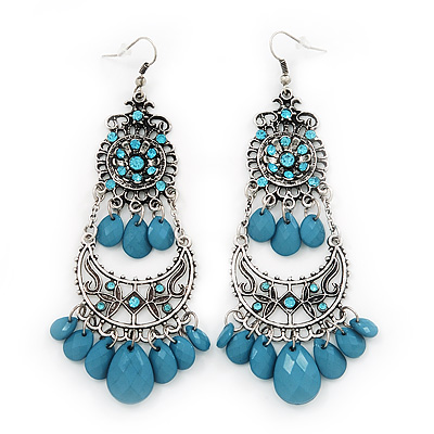 Long Blue Bead Diamante Chandelier Earring In Silver Plating - 10.5cm Drop - main view