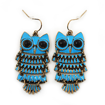 Vintage Blue Enamel 'Owl' Drop Earrings In Antique Gold Metal - 5.5cm Length - main view