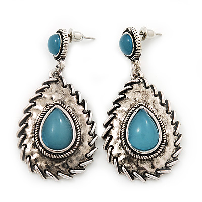 Burn Silver Teardrop Turquoise Coloured Acrylic Bead Drop Earrings - 5cm Length - main view