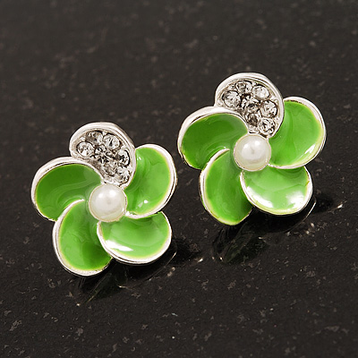 Small Lime Green Enamel Diamante 'Flower' Stud Earrings In Silver Finish - 15mm Diameter - main view