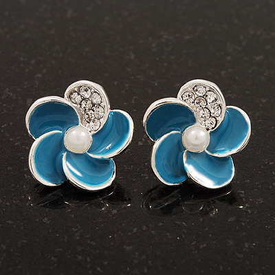 Small Blue Enamel Diamante 'Flower' Stud Earrings In Silver Finish - 15mm Diameter - main view